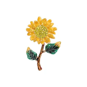 Élégante Broche Tournesol en Émail pour Femme Alliage Strass Plante Florale Épingle Bijoux Accessoire pour Pull Gilet