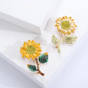 Broches élégantes en émail tournesol avec pétales jaunes et strass brillants décoratifs