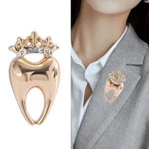 Creative gold tooth brooch with crown and crystals for men and women suit accessory