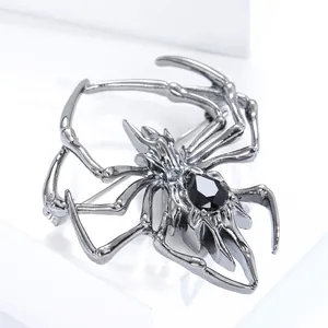 Macro detail of gothic spider brooch with dark metal plating and faceted black gemstone