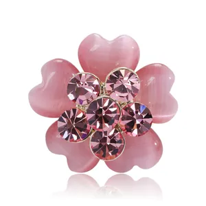 Elegant Pink Flower Brooch For Women Gold Plated Alloy Pink Rhinestone Cat Eye Stone Floral Pin For Shirt Suit Sweater Accessory