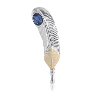 Broche Plume Élégante en Alliage Plaqué Argent Or Avec Strass Rouge Bleu Épingle Pour Femmes Hommes Costumes Manteau Bijoux de Mode