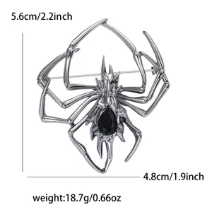 Spider brooch in silver alloy with black teardrop crystal for suits and coats