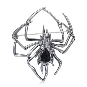 Exquisite silver alloy spider brooch with black teardrop gemstone for suits and coats