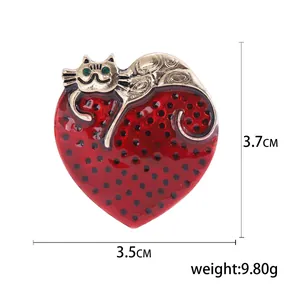 Cute heart strawberry cat brooch with red enamel and gold-tone finish 3.7cm x 3.5cm