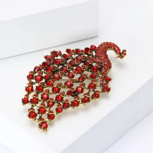 Vintage gold peacock brooch with red rhinestones for women coat and shawl accessories