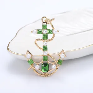Vintage Alloy Anchor Brooch With Green Crystal White Imitation Pearl Nautical Cross Navy Style Breastpin For Women Jewelry