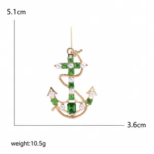 Classic nautical anchor brooch for women with green crystals and white faux pearls