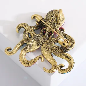Macro shot of vintage octopus brooch back featuring secure pin clasp and metal texture