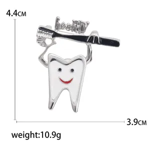 Cartoon tooth brooch with healthy text and toothbrush, size 4.4x3.9cm, alloy enamel pin
