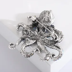 Close-up of vintage octopus brooch in antique silver finish with colorful rhinestones