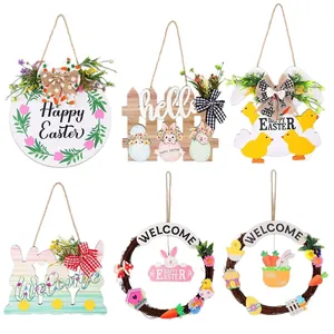 Plaque Suspendue en Bois de Pâques Lapin Œuf Poussin Décoration de Porte Welcome Pour Fête Maison Murale Couronne