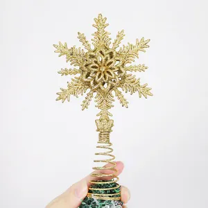 Glitzernde goldene Schneeflocke Christbaumspitze mit Federbasis für Weihnachtsbaum