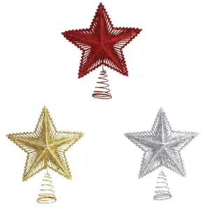 Set di tre puntali per albero di Natale in metallo glitterato color oro, argento e rosso