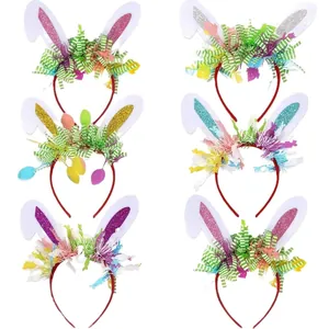 Lot de six serre-têtes oreilles de lapin de Pâques avec paillettes et décors d'œufs colorés