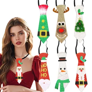 Glitter Christmas felt neckties featuring Santa, reindeer, and tree designs for holiday parties