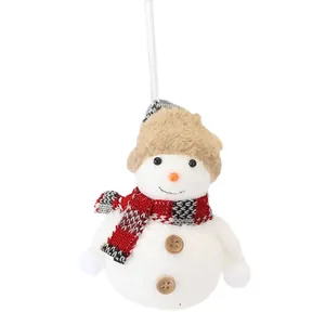 Christmas snowman plush ornament with brown hat and red plaid scarf for holiday decor