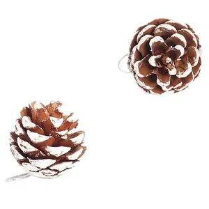 Natural pine cones with white snow spray and silver hanging strings for Christmas tree decor
