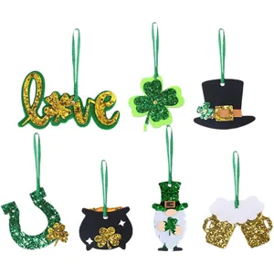 7Pcs St. Patrick's Day green felt ornaments featuring shamrock and leprechaun hat motifs