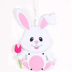 Easter cartoon rabbit wall hanging decoration with pink tulip flower and silver hanging string