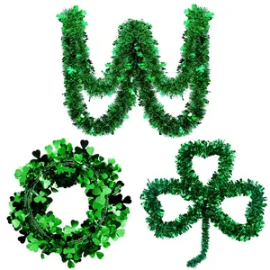 St. Patrick's Day green tinsel garland and shamrock wreath decorations set for party