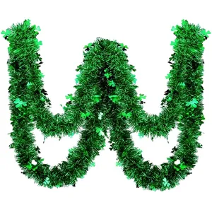 Saint Patrick's Day green tinsel garland with shiny shamrock sequins for party decor
