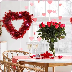 Valentine's Day LED Heart Shaped Tinsel Wreath With Red Sequins Romantic Hanging Garland For Wedding Party Home Decor