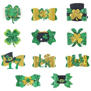 Lot de 11 barrettes St. Patrick avec nœuds verts, trèfles et paillettes dorées