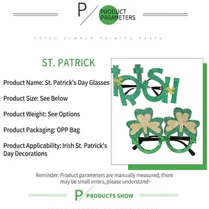 Green glittery St. Patrick's Day glasses with Irish letters and shamrock holiday motifs