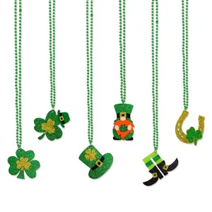 St. Patrick's Day Green Bead Necklace Glitter Shamrock Leprechaun Hat Gnome Horseshoe Boot Irish Party Costume Accessory