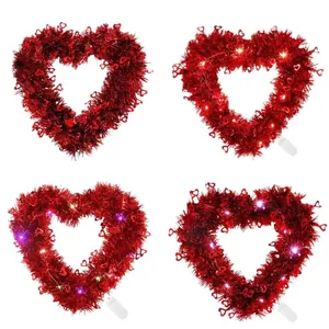 LED lit red heart tinsel wreath with sequins for Valentines Day wedding party decoration