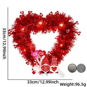 LED heart-shaped red tinsel wreath with gnomes and Valentine's Day decorations