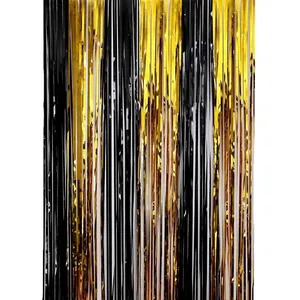Cortina de flecos bicolor negro y dorado para decoración de fondo de pared de fiesta