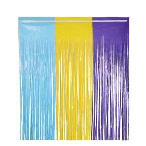 Three-color pastel fringe curtain in blue, yellow and purple for party backdrop decoration