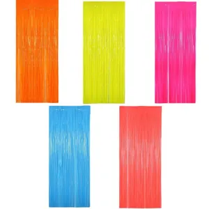 Detailed set of colorful foil fringe curtains in five vibrant macaron shades for party decor
