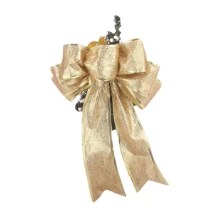 Fiocco di Natale dorato glitterato da 25 cm con aghi di pino per decorare l'albero