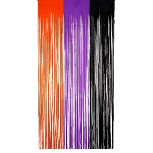 2m Halloween tinsel fringe curtain in orange, purple, and black for party backdrop