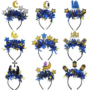 Set de diademas para Ramadán con motivos de luna y estrellas brillantes y flecos azules