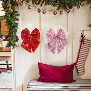 Large Sequin Christmas Bow Hanging Decoration Sparkly Cloth Bowknot For Xmas Tree Holiday Party Home Venue Decor