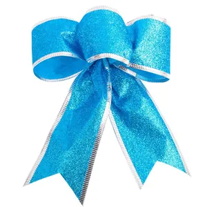 Himmelblaue Glitzerschleife mit Silberrand für Weihnachtsbaum und Geschenkdekoration