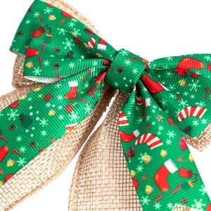 Double-layer Christmas plaid linen bow with green festive prints for Xmas tree decor