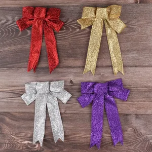 Set of 23cm glitter Christmas bows in red, gold, silver and purple for tree decoration