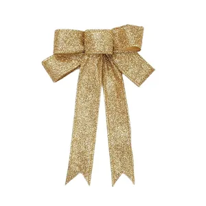 Golden glitter Christmas bow with 23cm edge-locked finish for tree decoration