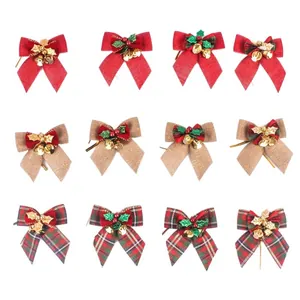 12pcs Christmas plaid bows set with gold bells and holly leaves for tree decoration