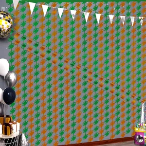 Green and orange football shaped metallic foil fringe curtain for party backdrops