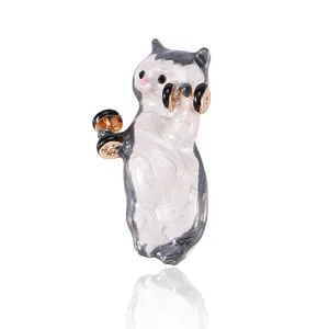 Creative enamel cat brooch with dumbbell design, high-quality gray kitten fitness pin