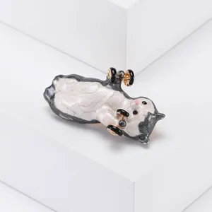 Cute enamel fitness cat brooch lifting black dumbbells with creative kitten design