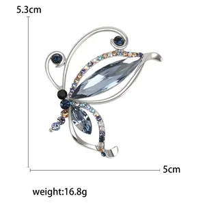 Elegant crystal butterfly brooch with colorful rhinestones measuring 5.3cm by 5cm