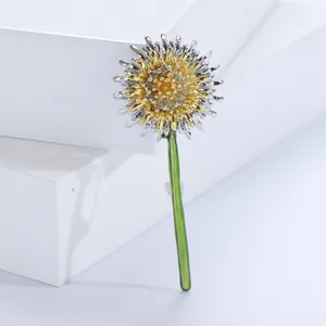 Élégante Broche Fleur de Pissenlit pour Femmes en Alliage Métal Bicolore Or Argent Avec Émail Vert Accessoires de Mode pour Vêtements