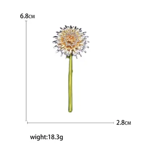 Broche pissenlit élégante en émail avec pétales dorés et tige verte, 6,8 cm